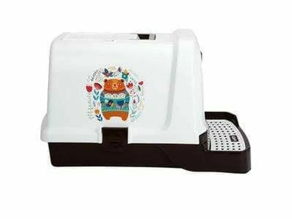 CAT LITTER BOX - SUEZ BEAR & FLOWERS BLACK & WHITE Pets Qatar