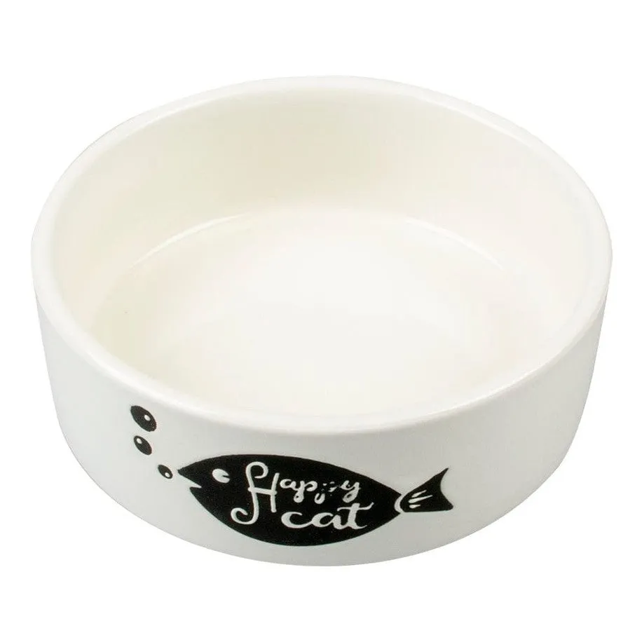 Feeding Bowl Stone Happy Cat Fish 300ml - 12cm white Pets Qatar