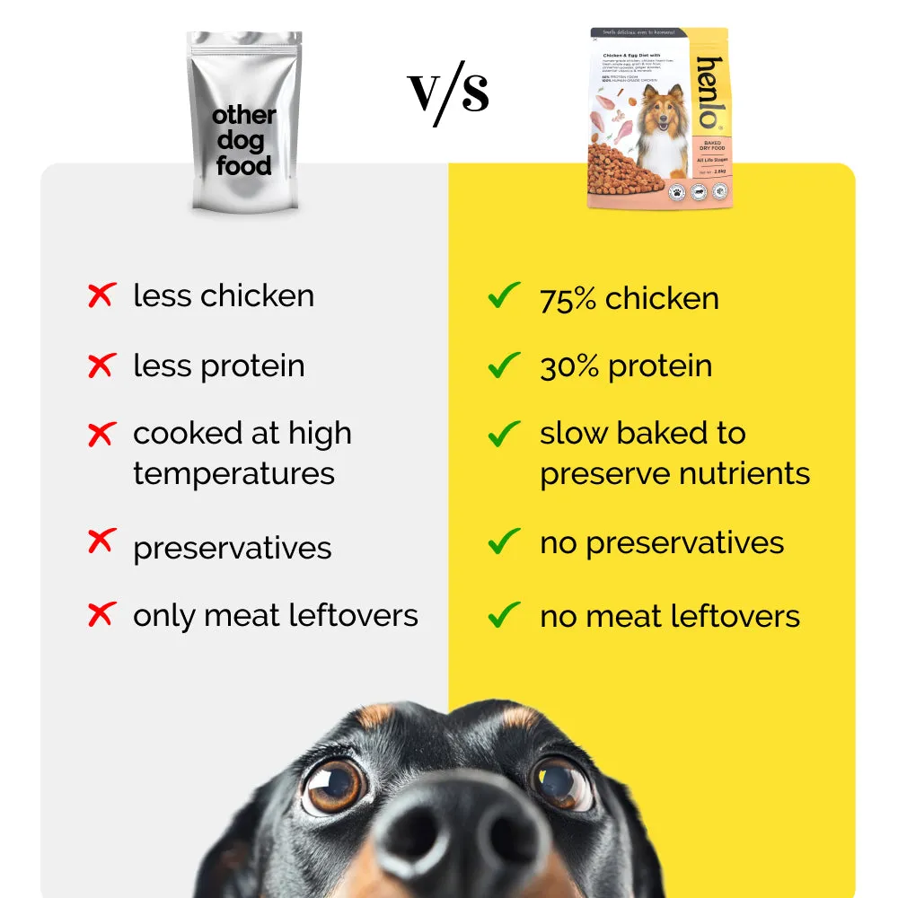 Henlo Chicken and Egg Baked Dry Food for Adult Dogs & Puppies and Chicken Jerky Treats for Dogs Combo