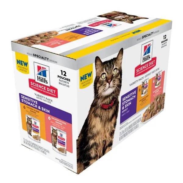 Hills Science Diet Adult Sensitive Skin and Stomach Chicken and Salmon Variety Cat Food Pouches 85g x 12