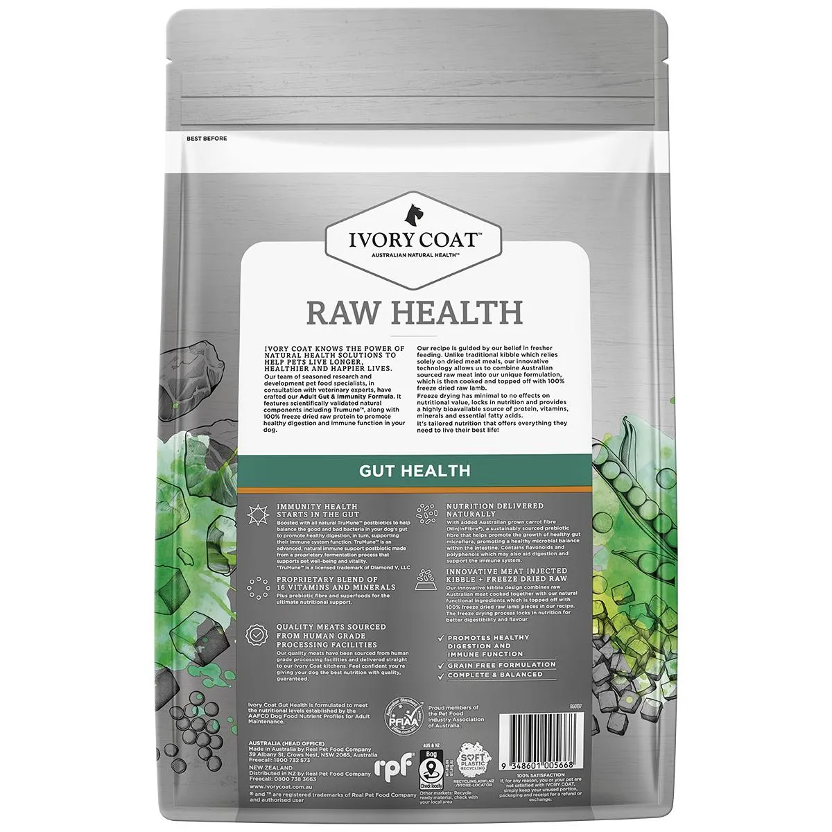 Ivory Coat Raw Health Adult Dog Gut Health Dry Food with Freeze Dried Chicken Pieces 1.8kg