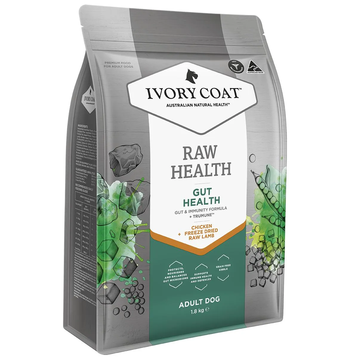 Ivory Coat Raw Health Adult Dog Gut Health Dry Food with Freeze Dried Chicken Pieces 1.8kg