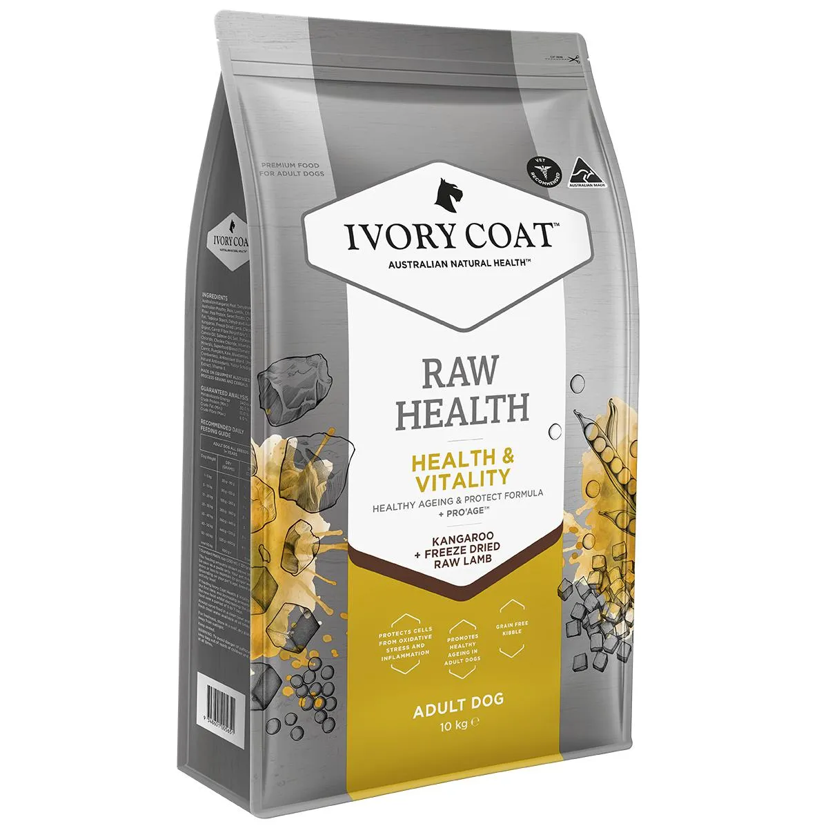 Ivory Coat Raw Health Adult Dog Longevity Dry Food with Freeze Dried Kangaroo Pieces 10kg