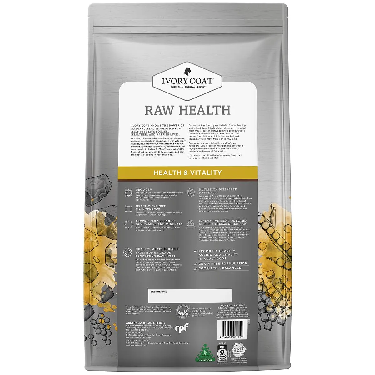 Ivory Coat Raw Health Adult Dog Longevity Dry Food with Freeze Dried Kangaroo Pieces 10kg