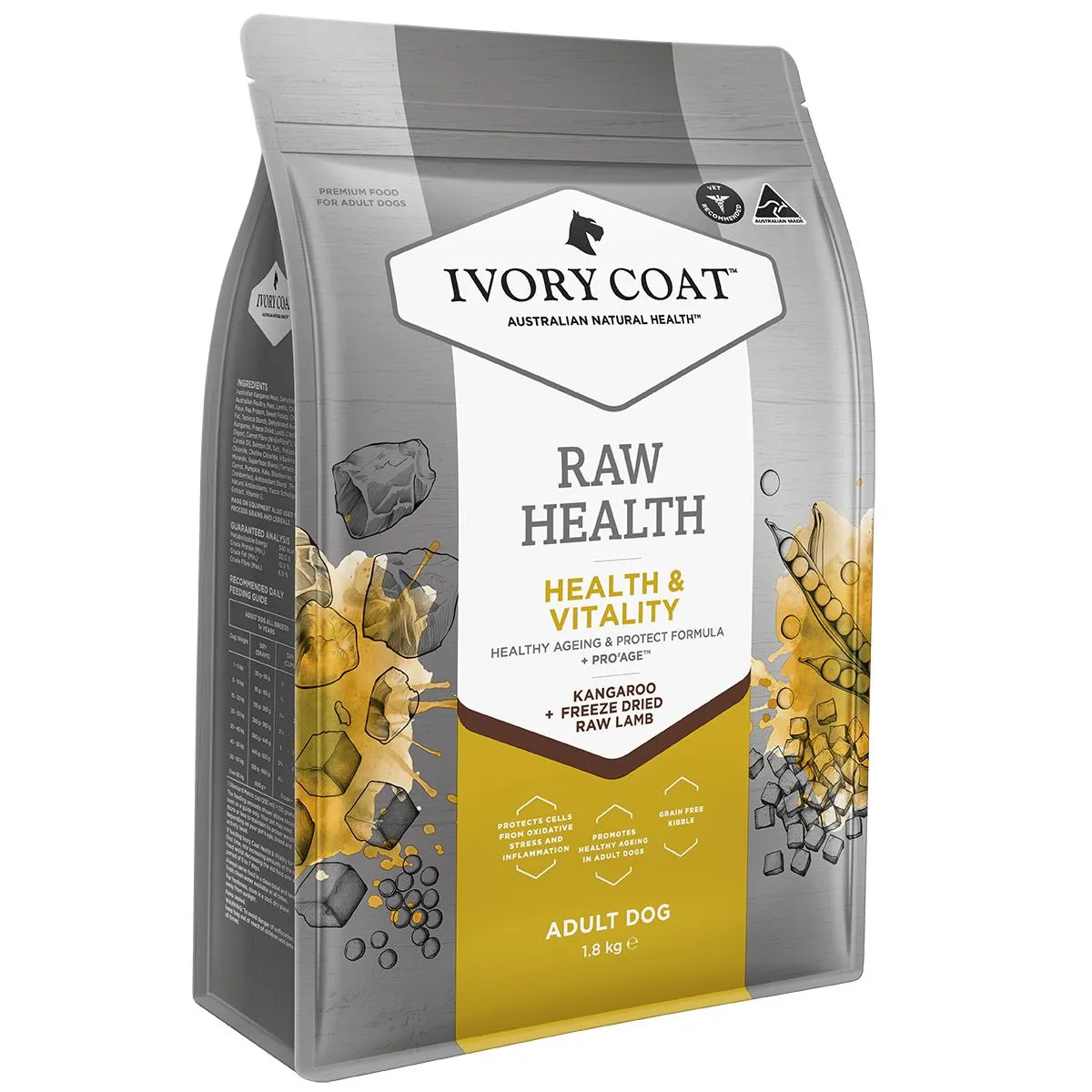 Ivory Coat Raw Health Adult Dog Longevity Dry Food with Freeze Dried Kangaroo Pieces 1.8kg