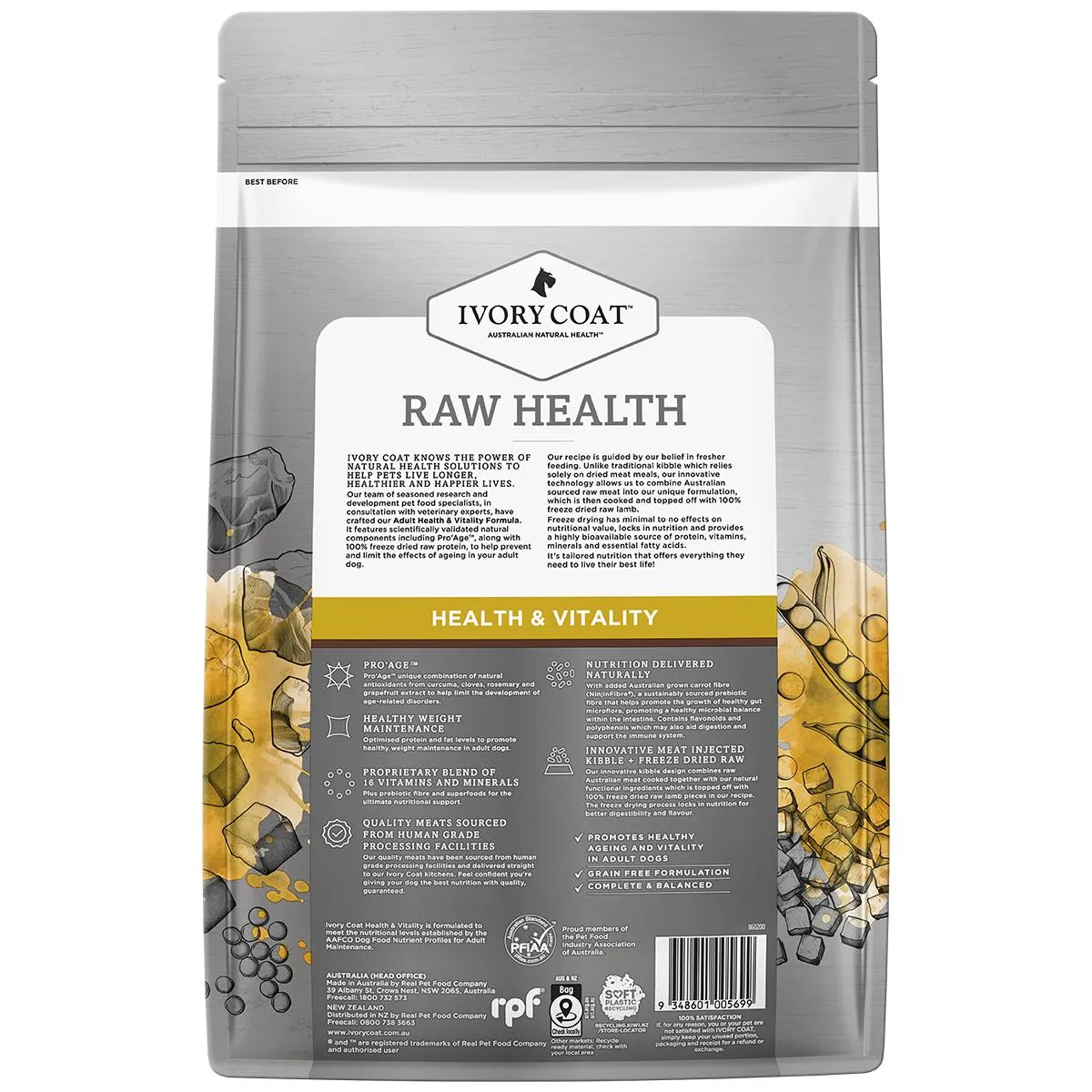 Ivory Coat Raw Health Adult Dog Longevity Dry Food with Freeze Dried Kangaroo Pieces 1.8kg