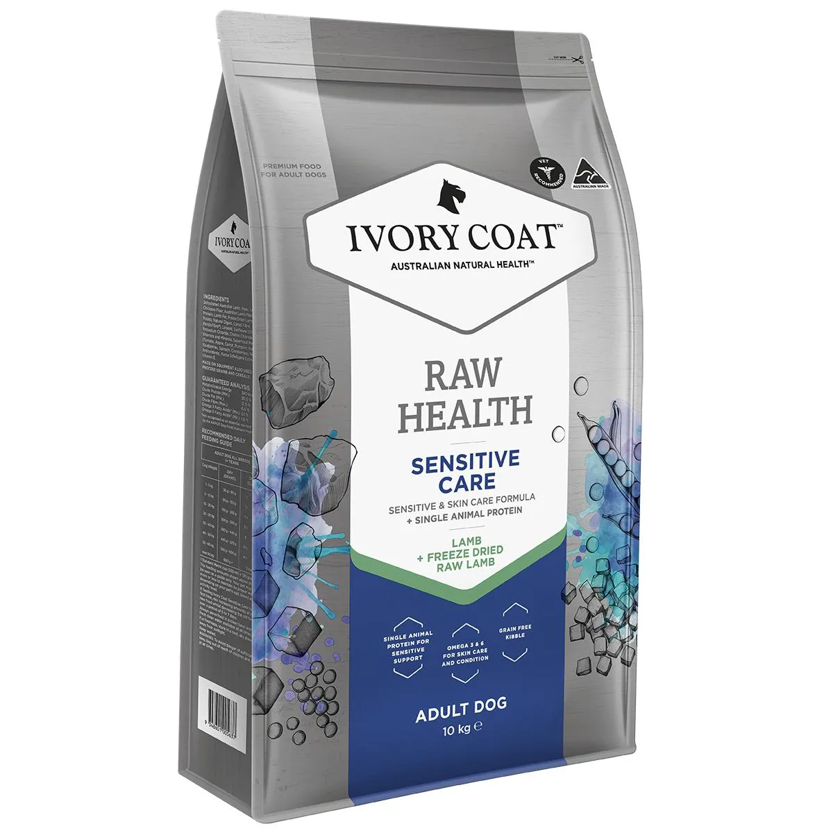 Ivory Coat Raw Health Adult Dog Sensitive Dry Food with Freeze Dried Lamb Pieces 10kg