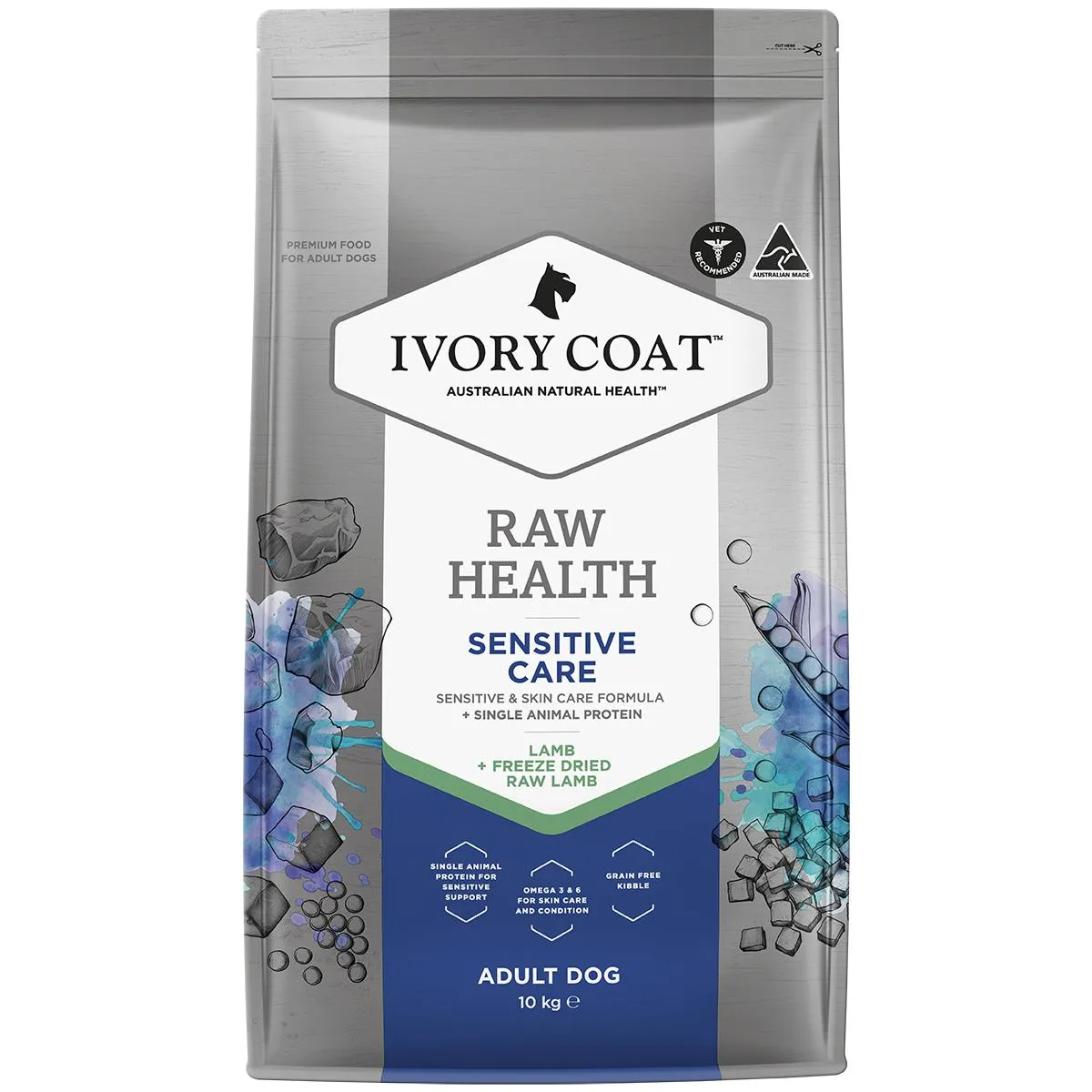 Ivory Coat Raw Health Adult Dog Sensitive Dry Food with Freeze Dried Lamb Pieces 10kg