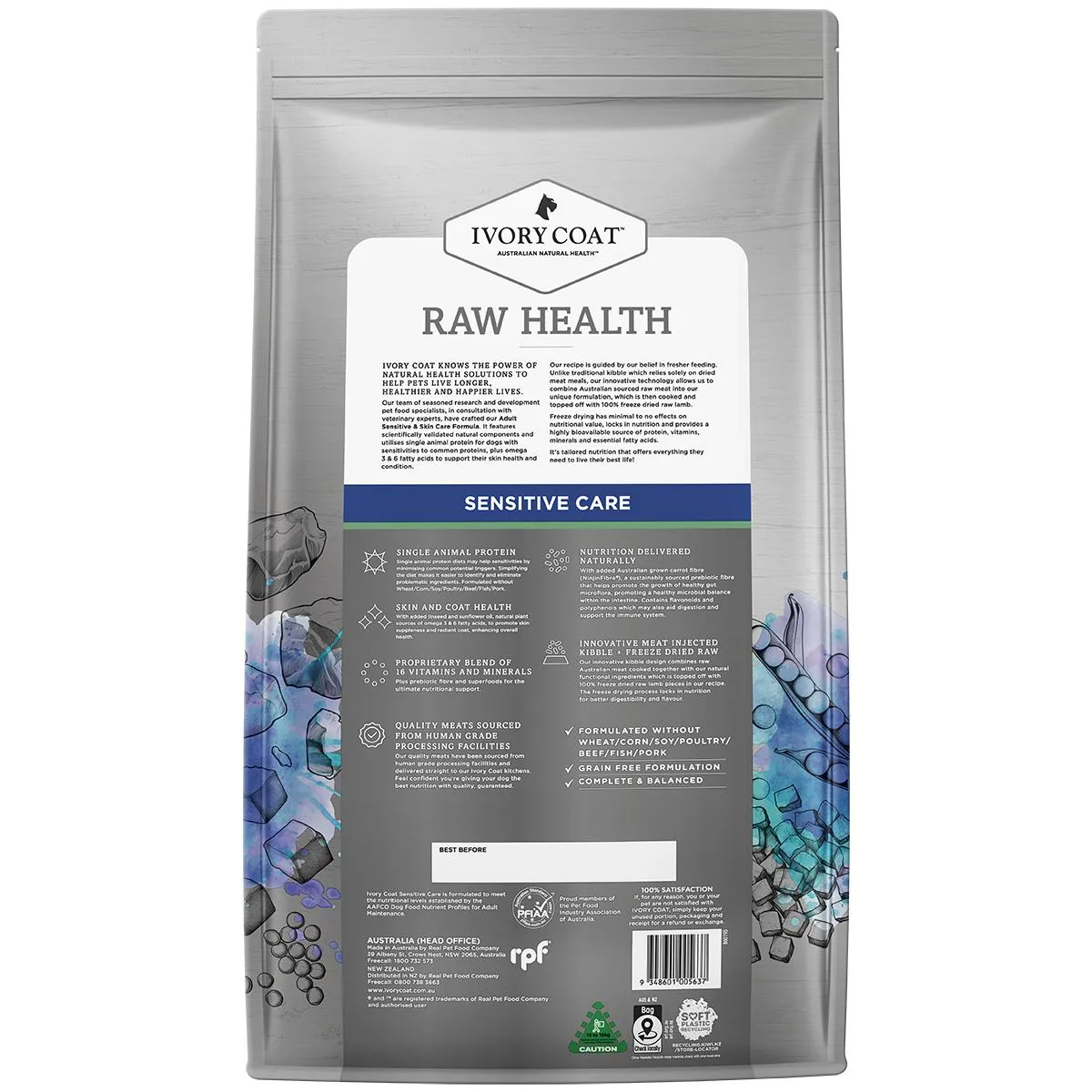 Ivory Coat Raw Health Adult Dog Sensitive Dry Food with Freeze Dried Lamb Pieces 10kg