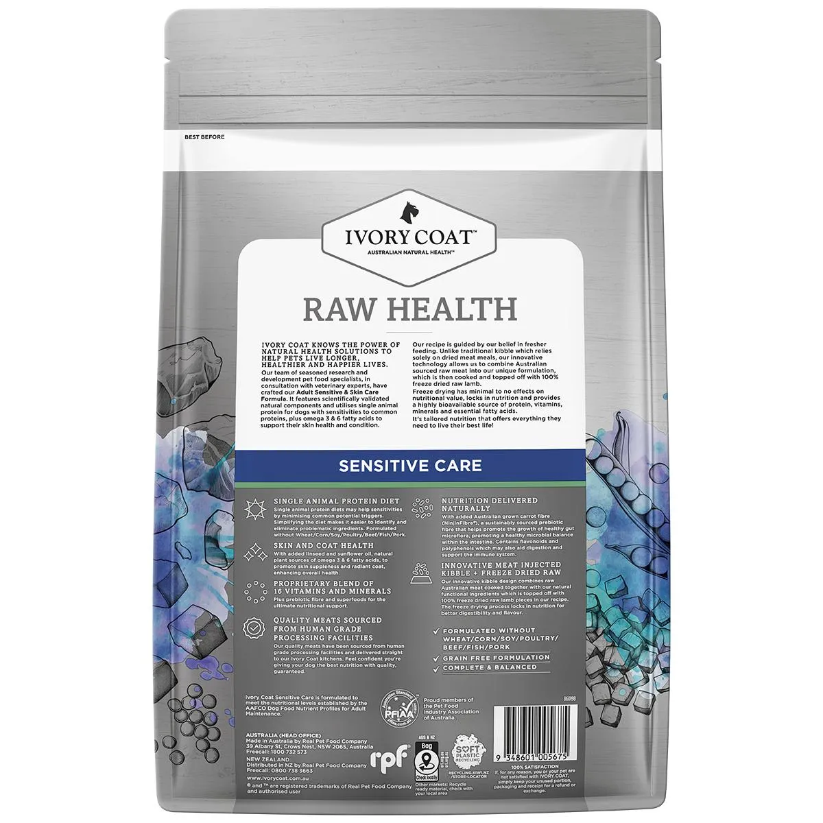 Ivory Coat Raw Health Adult Dog Sensitive Dry Food with Freeze Dried Lamb Pieces 1.8kg