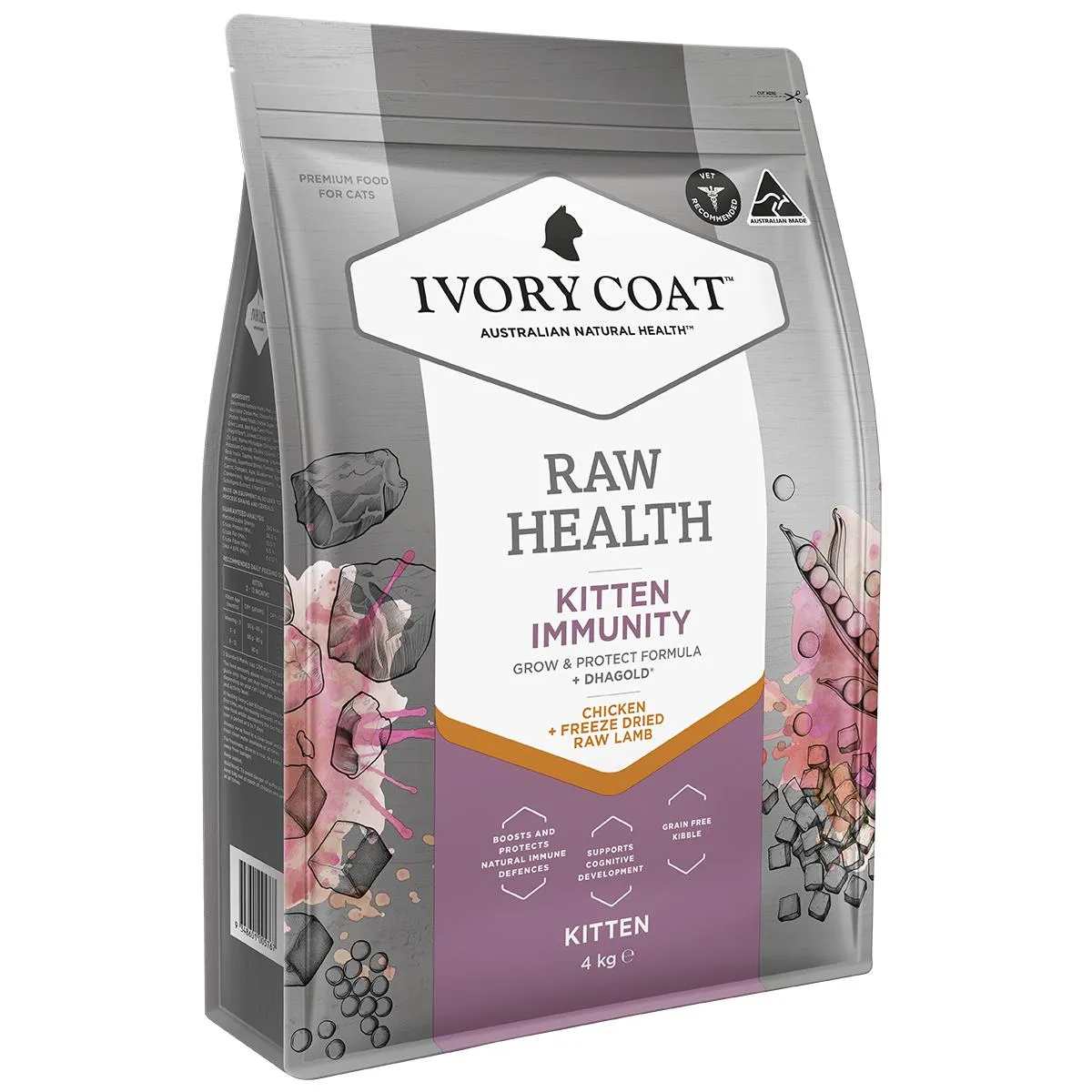 Ivory Coat Raw Health Kitten Immunity Dry Food with Freeze Dried Chicken Pieces 4kg