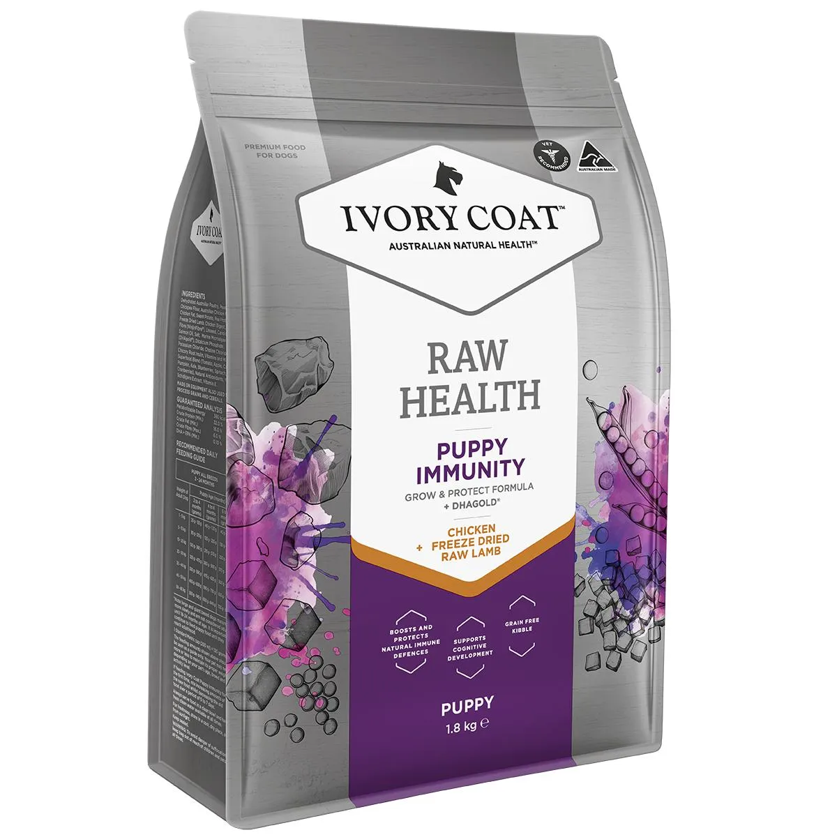 Ivory Coat Raw Health Puppy Dog Immunity Dry Food with Freeze Dried Chicken Pieces 1.8kg