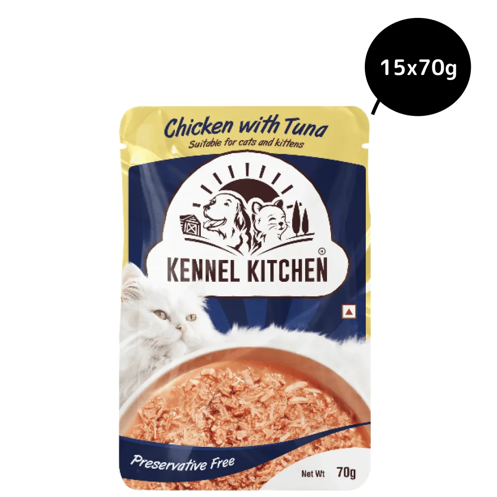 Kennel Kitchen Chicken with Tuna Shreds in Gravy Wet Food and Creameroo Crab with Mackerel Creamy Cat Treats Combo