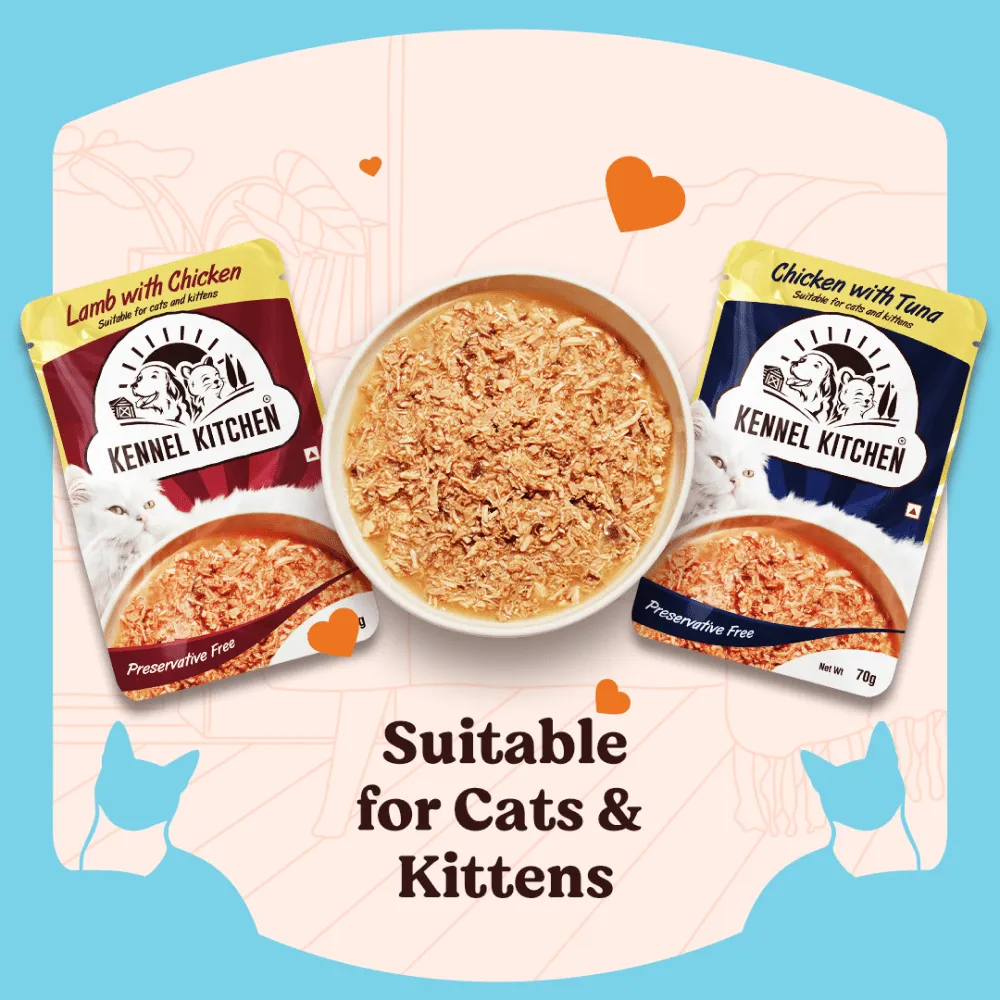 Kennel Kitchen Chicken with Tuna Shreds in Gravy Wet Food and Creameroo Crab with Mackerel Creamy Cat Treats Combo