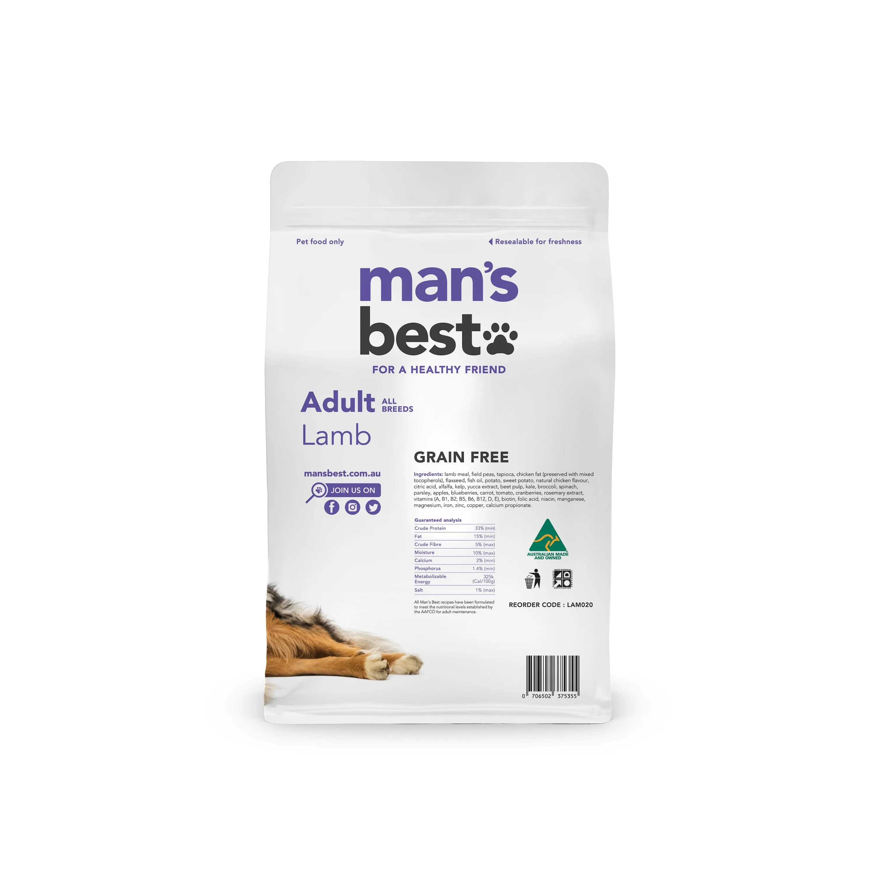 Mans Best Adult Premium Grain Free Lamb Dry Dog Food 2kg ( _ )