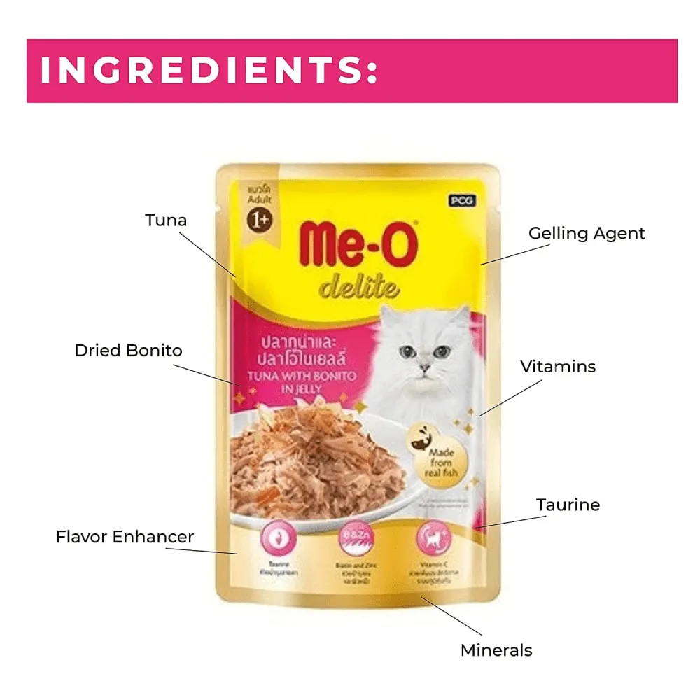 Me O Delite Tuna with Bonito in Jelly and Purina Felix Sardine with Jelly Adult Cat Wet Food Combo (12 12)