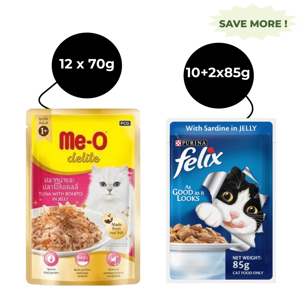 Me O Delite Tuna with Bonito in Jelly and Purina Felix Sardine with Jelly Adult Cat Wet Food Combo (12 12)