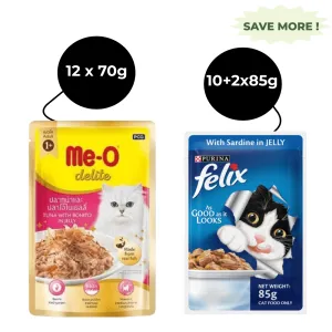 Me O Delite Tuna with Bonito in Jelly and Purina Felix Sardine with Jelly Adult Cat Wet Food Combo (12 12)