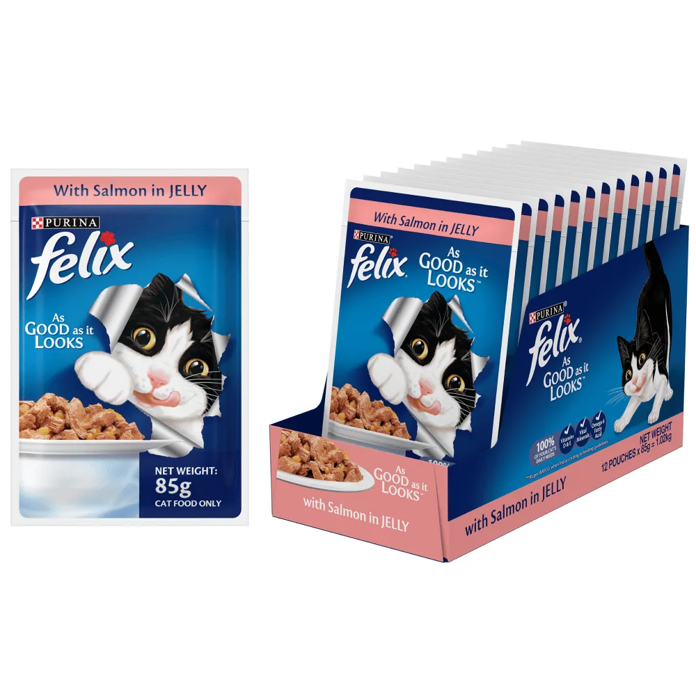 Me O Delite Tuna with Crab Sticks in Jelly and Purina Felix Salmon with Jelly Adult Cat Wet Food Combo (12 12)