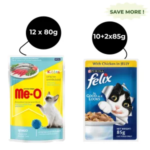 Me O Tuna & Sardine in Jelly Kitten and Purina Felix Chicken with Jelly Adult Cat Wet Food Combo (12 12)