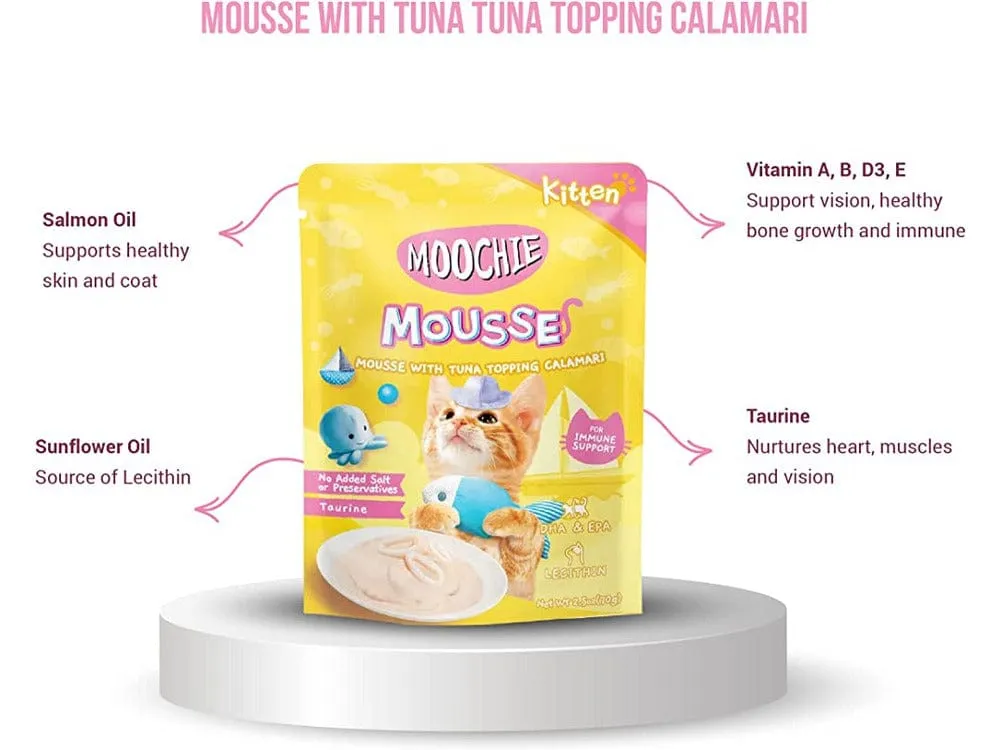 Moochie Kitten Tuna With Topping Calamari Mousse 12X70G. Pouch Pets Qatar