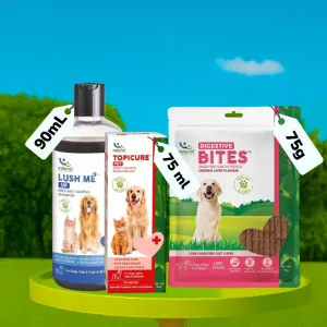 Natural Remedies Lush Me Up Shampoo, Digestive Bites Treats & Topicure Wound Healing Spray Dog Combo