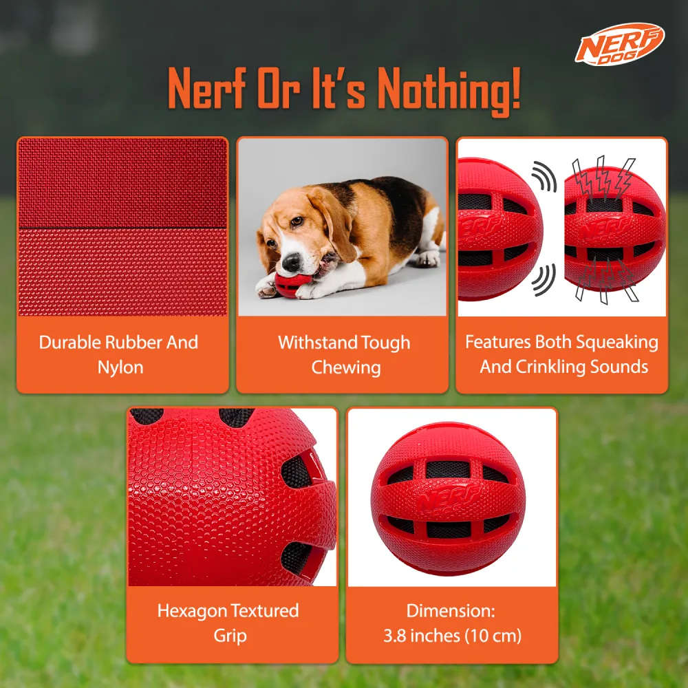 Nerf Bash Checker Squeak Crunch Ball Toy for Dogs (Red)