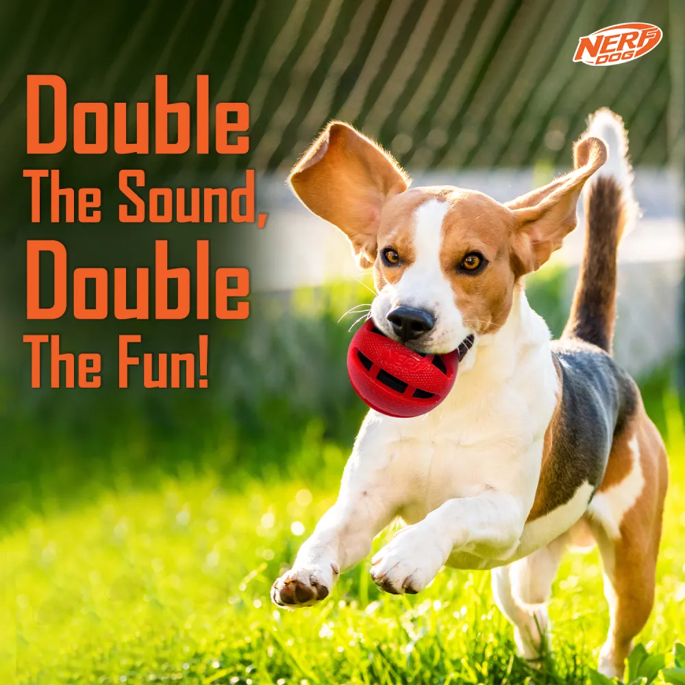 Nerf Bash Checker Squeak Crunch Ball Toy for Dogs (Red)