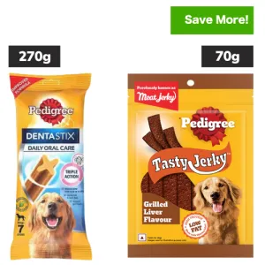 Pedigree Dentastix Oral Care for Adult (Large Breed of 25 kg ) and Grilled Liver Tasty Jerky Dog Treats Combo