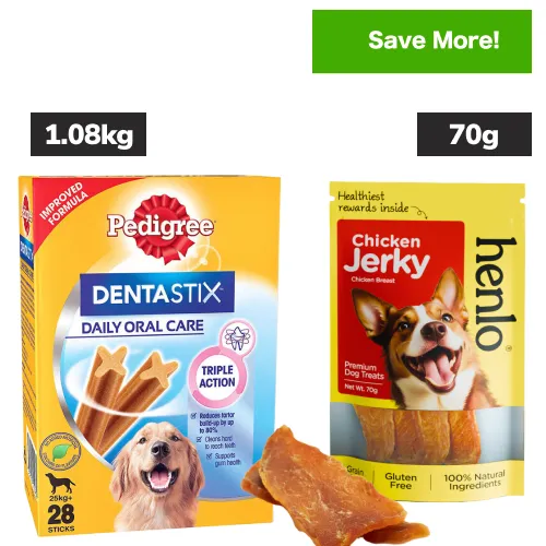 Pedigree Dentastix Oral Care for Adult (Large Breed of 25 kg ) and Henlo Chicken Jerky Dog Treats Combo