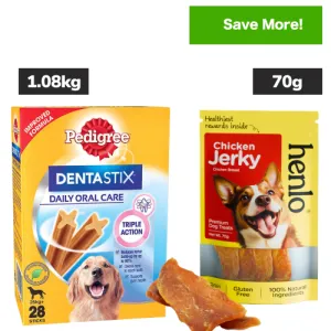 Pedigree Dentastix Oral Care for Adult (Large Breed of 25 kg ) and Henlo Chicken Jerky Dog Treats Combo