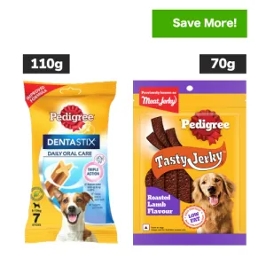 Pedigree Dentastix Oral Care for Adult (Small Breed of 5 to 10 kg) and Roasted Lamb Tasty Jerky Dog Treats Combo