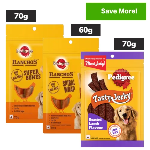 Pedigree Ranchos Super Bones Chicken & Milk, Spiral Wrap Chicken & Smokey Lamb and Roasted Lamb Tasty Jerky Dog Treats Combo