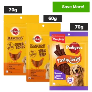 Pedigree Ranchos Super Bones Chicken & Milk, Spiral Wrap Chicken & Smokey Lamb and Roasted Lamb Tasty Jerky Dog Treats Combo