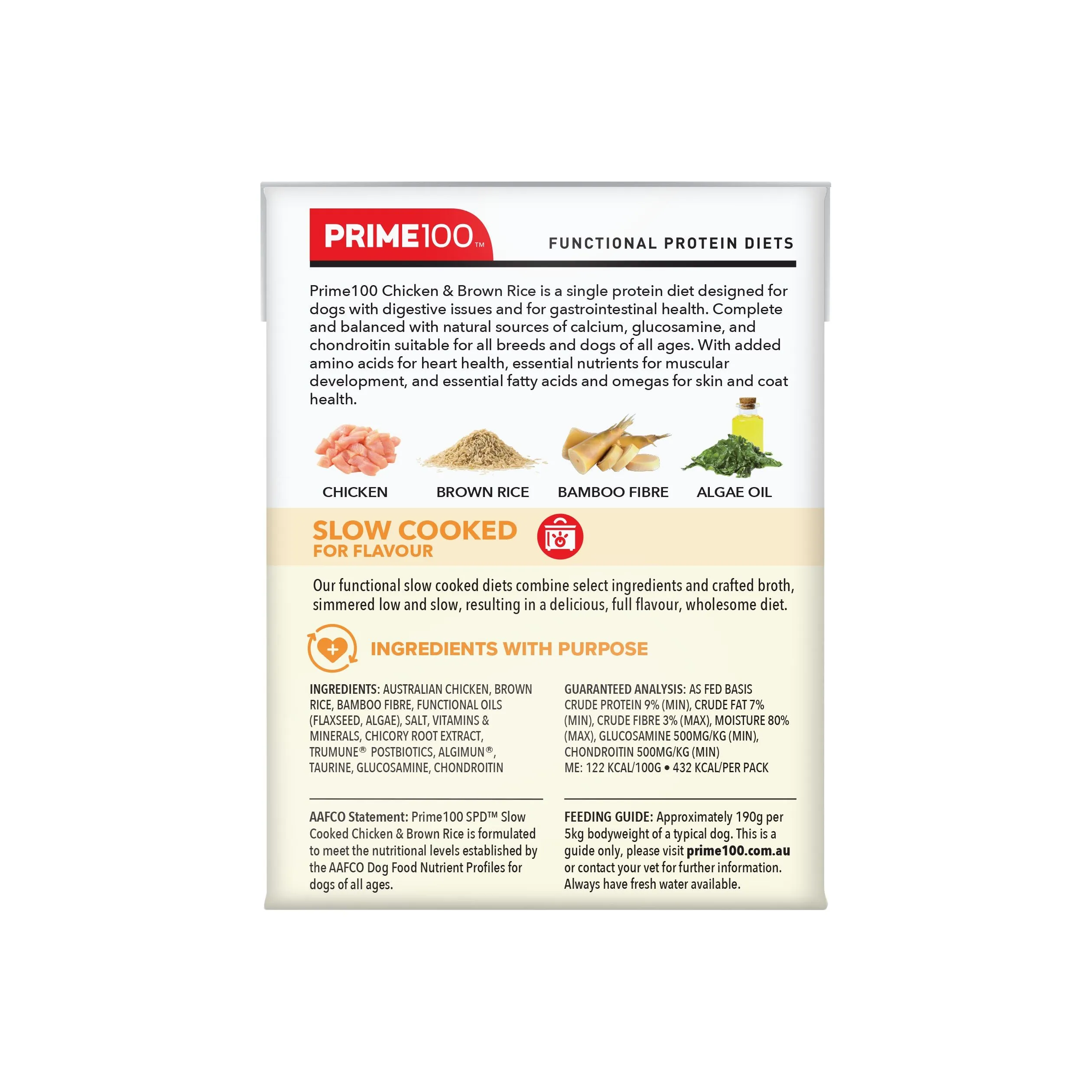 Prime 100 Slow Cooked Chicken and Brown Rice Dog Food 354g