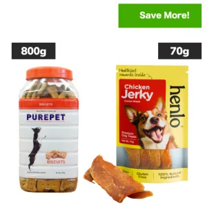 Purepet Chicken Flavour Real Chicken Biscuit and Henlo Chicken Jerky Dog Treats Combo