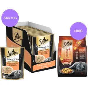 Sheba Chicken With Tuna In Gravy Premium Adult Cat Wet Food and Chicken All Life Stage Cat Dry Food Combo