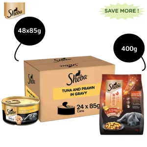 Sheba Tuna Fillet & Whole Prawns in Gravy Premium Cat Wet Food and Chicken Flavour Irresistible All Life Stage Cat Dry Food Combo