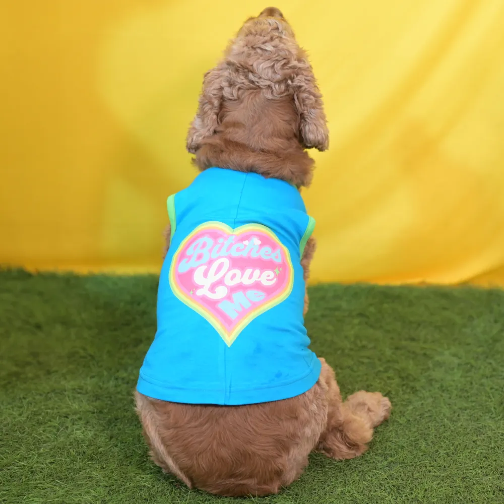 Skatrs Bitches Love Me Printed Summer Cotton T Shirt for Dogs and Cats (Blue)