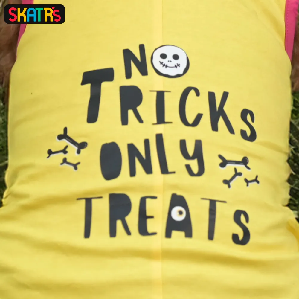 Skatrs No Tricks Only Treats Printed Summer Cotton T Shirt Dogs and Cats (Yellow)