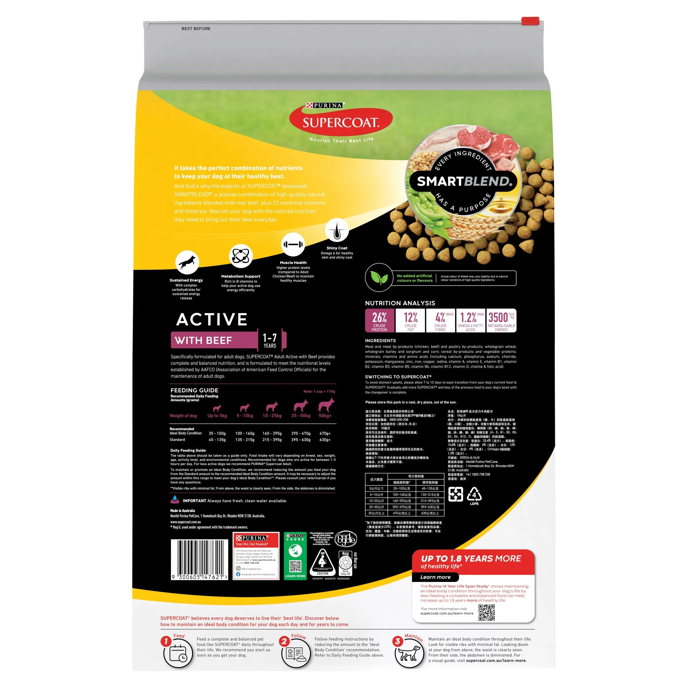 Supercoat Beef Active Adult Dry Dog Food 18kg