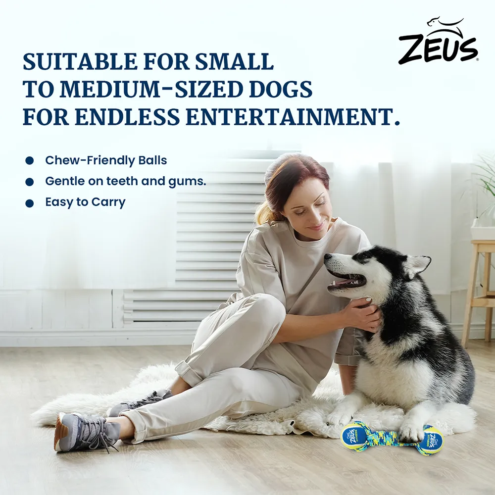 Zeus Double Tennis Ball Rope Dumbbell Toy for Dogs (Blue)