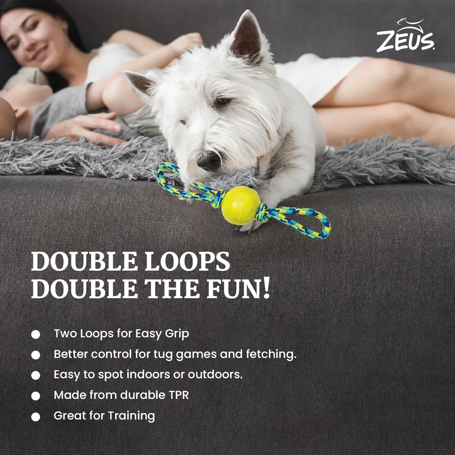 Zeus Rope Ball Tug with Hand Loops Toy for Dogs (Yellow)