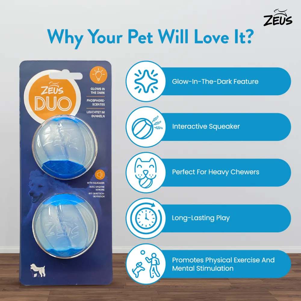 Zeus Squeaker & Glow DUO Ball for Dogs (Blue)